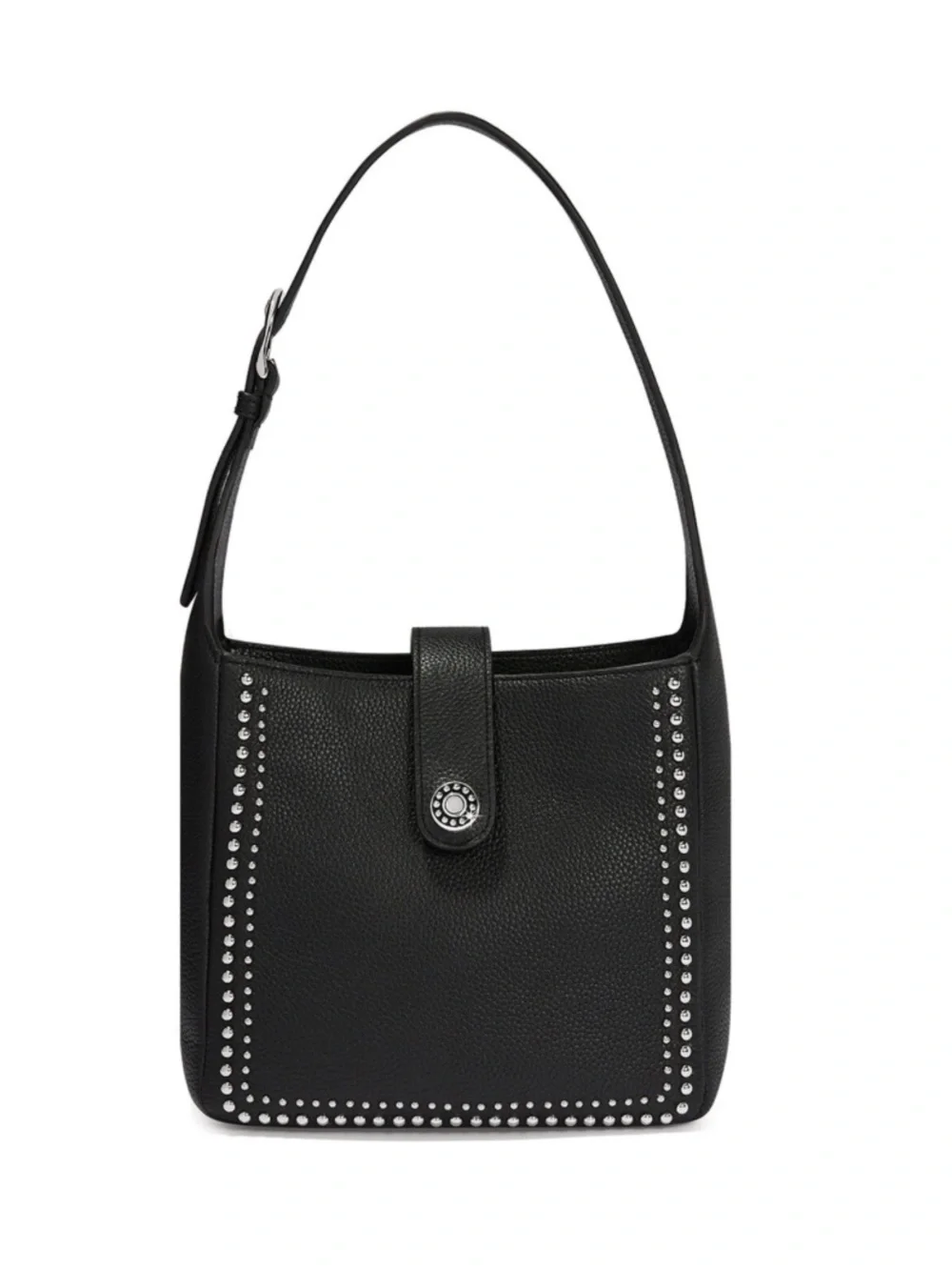 Studded Black Leather Shoulder Bag with Front Tab